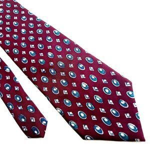 Pierre Cardin Red Teal Geometric Abstract Print Wide Silk Tie
